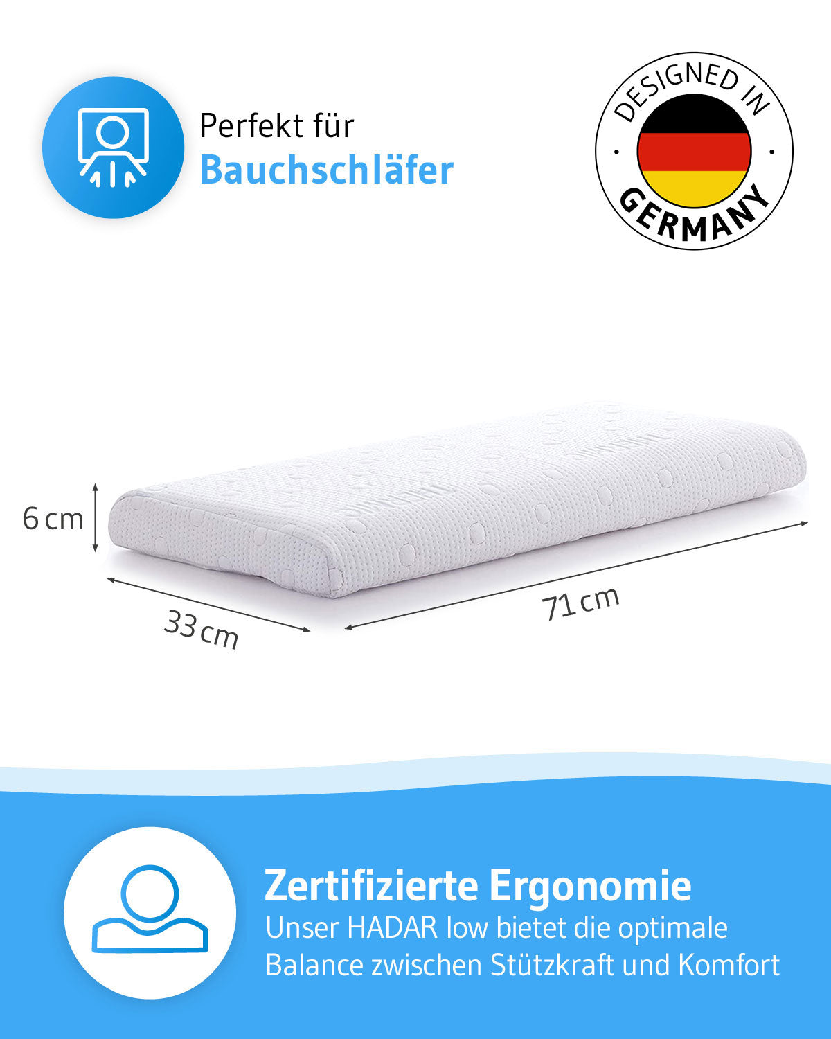 HADAR low - Flaches Bauchschläferkissen für erholsame Nächte - Ergonomisch aus Visco Schaum - Third of Life
