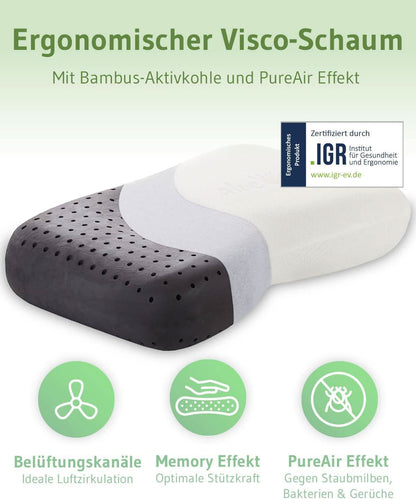 Aloe Vera Nackenstützkissen NuMOON, Kopfkissen aus Visco Schaum mit Bambus-Aktivkohle, hautpflegender Bezug, für alle Schlafpositionen geeignet - Third of Life