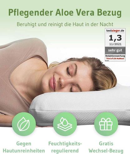 Aloe Vera Nackenstützkissen NuMOON, Kopfkissen aus Visco Schaum mit Bambus-Aktivkohle, hautpflegender Bezug, für alle Schlafpositionen geeignet - Third of Life